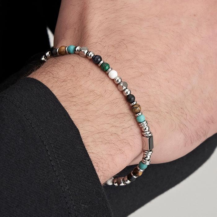 BRACCIALE UOMO IN ACCIAIO CON PIETRE MARRONE OCCHIO DI TIGRE