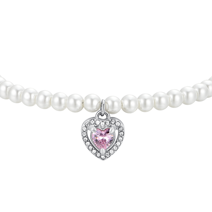 BRACCIALE DONNA IN ACCIAIO PERLE E CUORE ZIRCONE ROSA