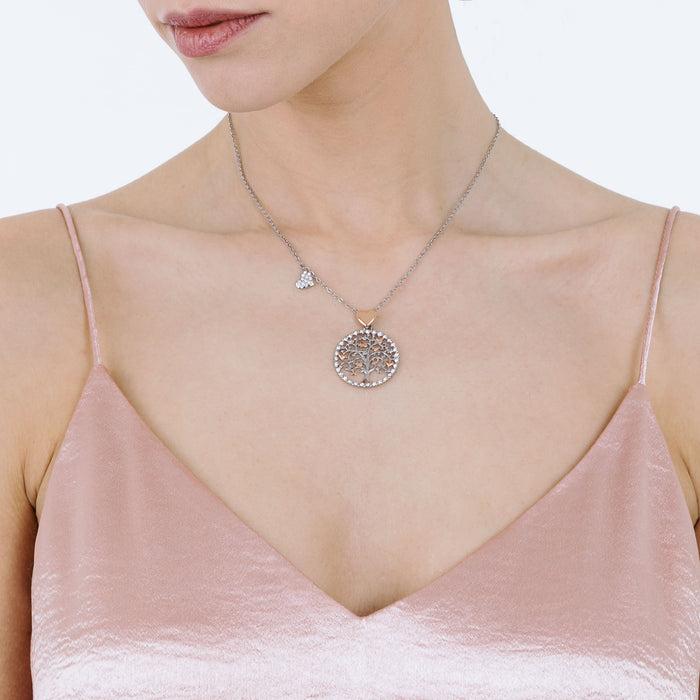 COLLANA DONNA IN ACCIAIO, ALBERO DELLA VITA CON CUORI ROSE'