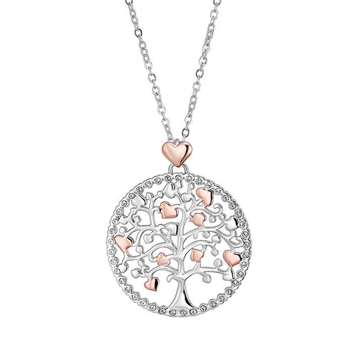 COLLANA DONNA IN ACCIAIO, ALBERO DELLA VITA CON CUORI ROSE'