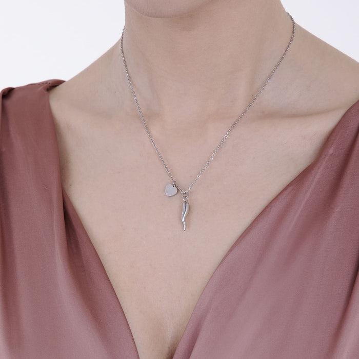 COLLANA DONNA IN ACCIAIO CON CUORE E CORNO