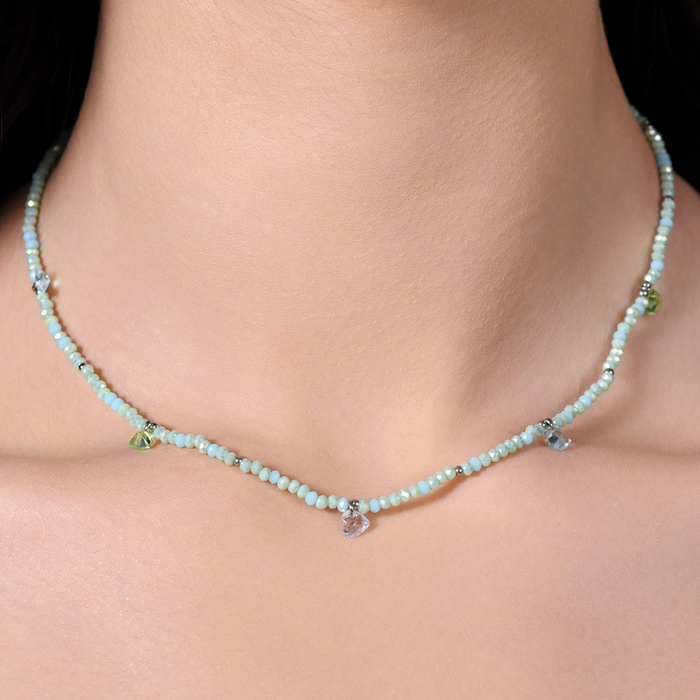 COLLANA DONNA IN ACCIAIO PIETRE VERDE ACQUA E CRISTALLI