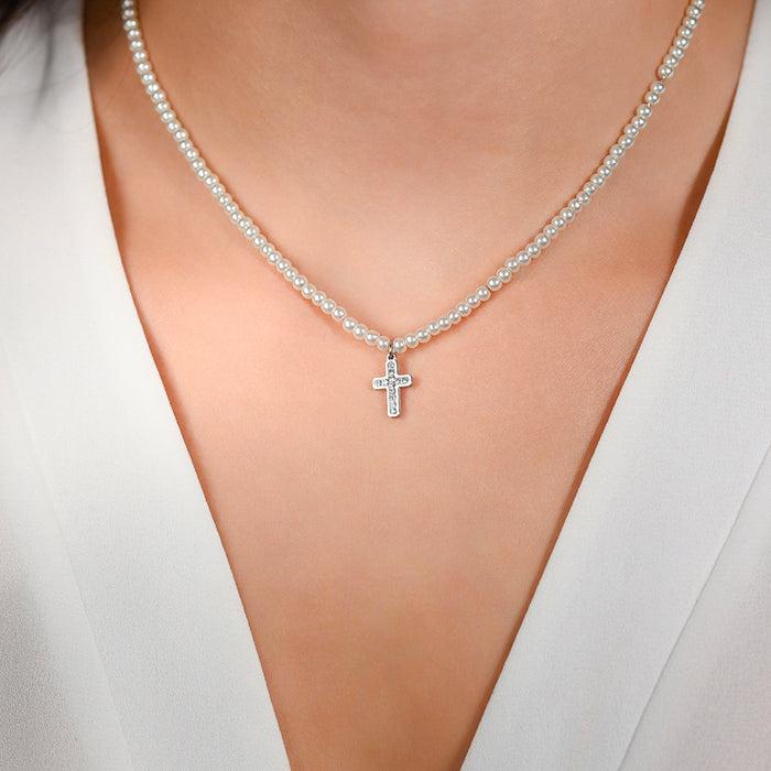 COLLANA DONNA IN ACCIAIO PERLE E CROCE