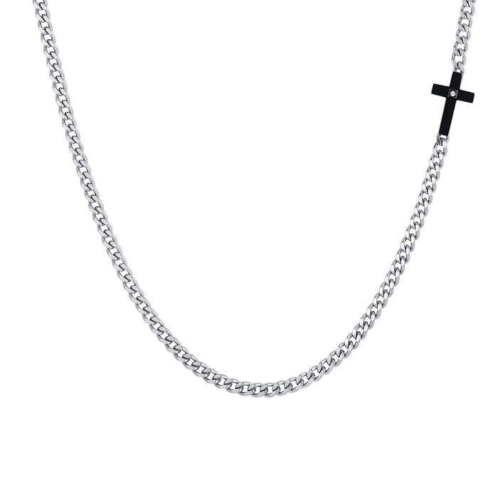 COLLANA UOMO IN ACCIAIO CROCE IP BLACK E ZIRCONE BIANCO