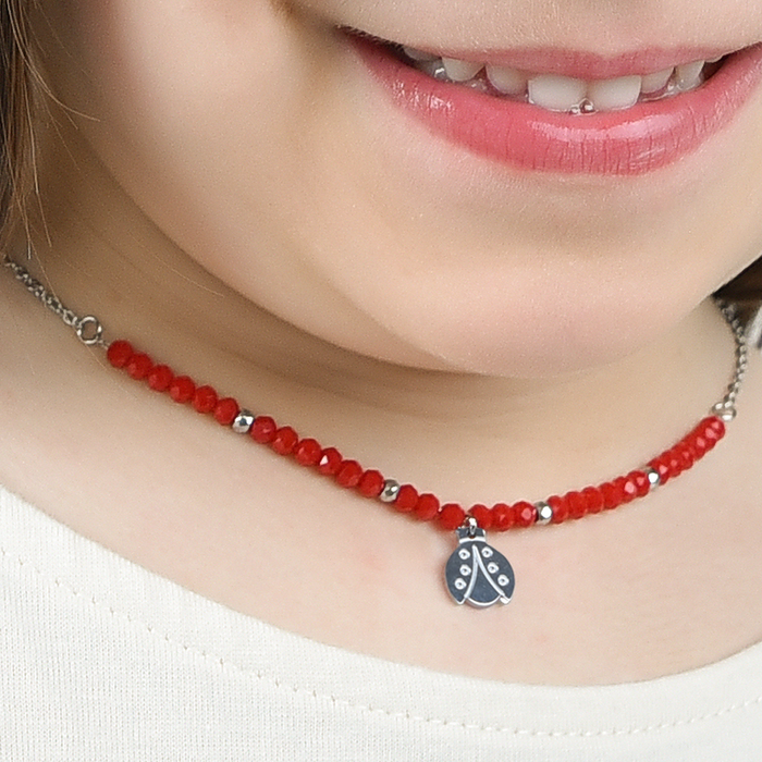 COLLANA BAMBINA IN ACCIAIO CON PIETRE ROSSE E COCCINELLA