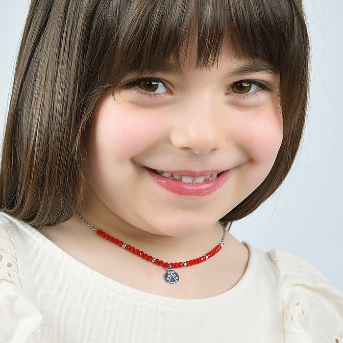 COLLANA BAMBINA IN ACCIAIO CON PIETRE ROSSE E COCCINELLA