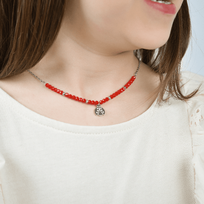 COLLANA BAMBINA IN ACCIAIO CON PIETRE ROSSE E COCCINELLA