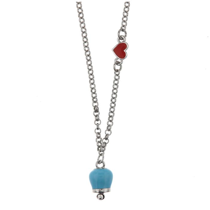 Collana in Metallo con cuore rosso e campanella portafortuna pendente con smalto azzurro, impreziosita da punto luce