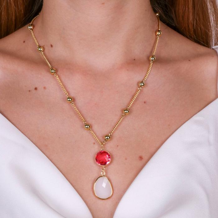 Collana in Metallo con cristallo bianco e rosa pendente