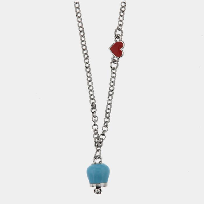 Collana in Metallo con cuore rosso e campanella portafortuna pendente con smalto azzurro, impreziosita da punto luce