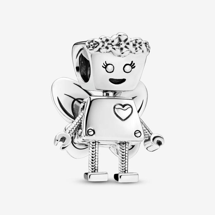 Charm Robot girl with flowers and wings silver charm