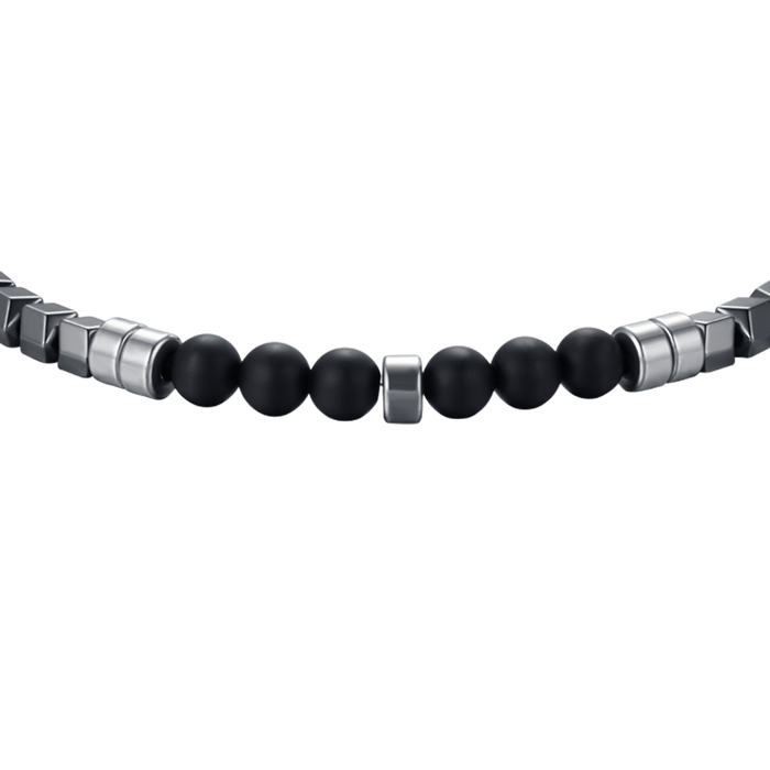 BRACCIALE UOMO IN ACCIAIO CON EMATITE IP GRIGIO E PIETRE NERE