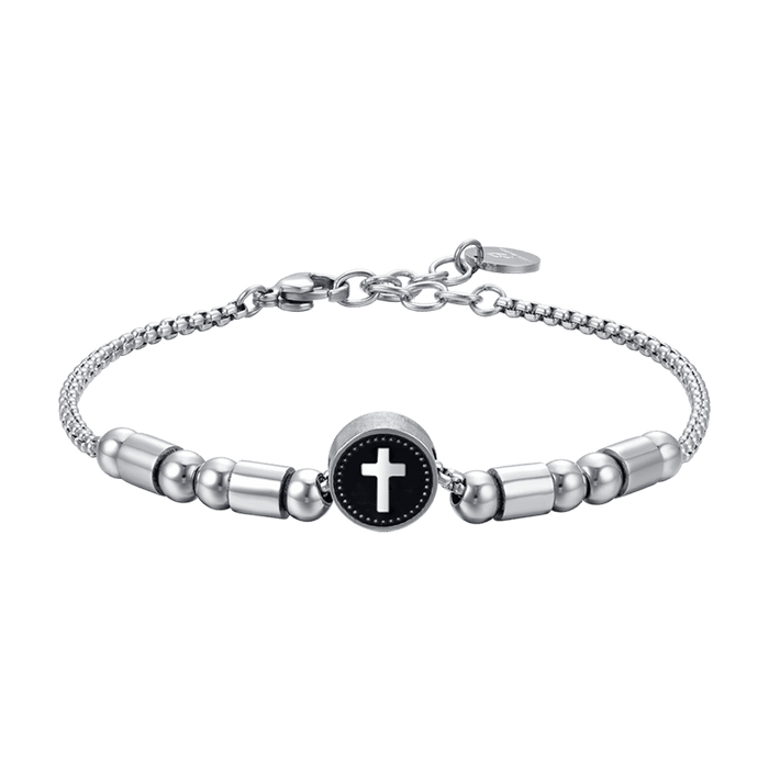 BRACCIALE UOMO IN ACCIAIO ELEMENTO CON CROCE SILVER E SMALTO NERO