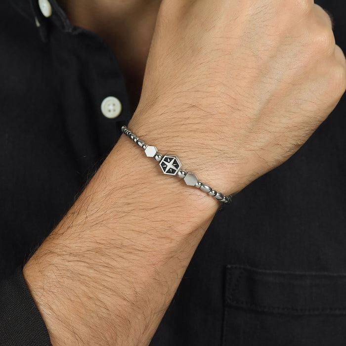 BRACCIALE UOMO IN ACCIAIO ELEMENTO CON ROSA DEI VENTI SILVER E SMALTO NERO