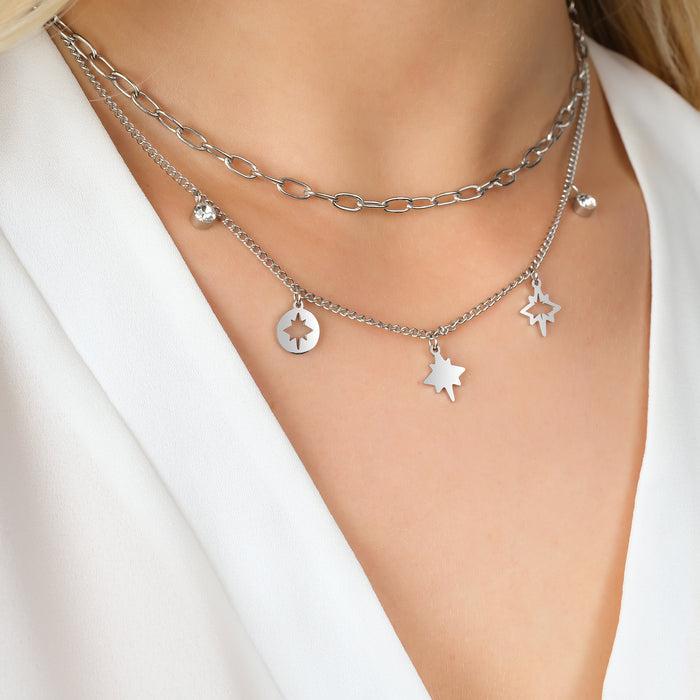 COLLANA DONNA IN ACCIAIO CON STELLE E CRISTALLI BIANCHI