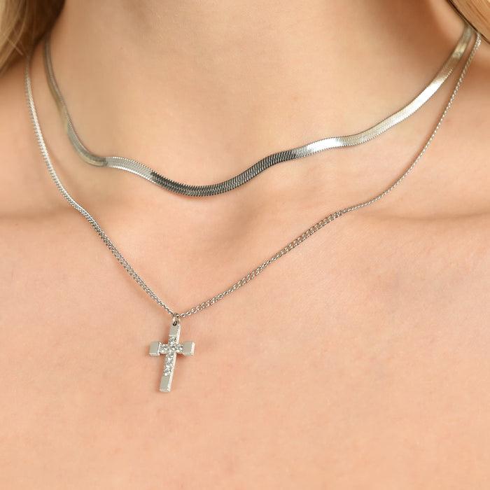 COLLANA DONNA IN ACCIAIO CON CROCE CON CRISTALLI BIANCHI