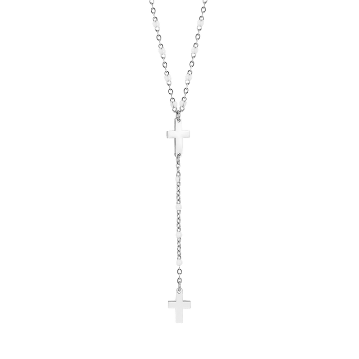 COLLANA ROSARIO DONNA IN ACCIAIO CON CROCI ED ELEMENTI BIANCHI