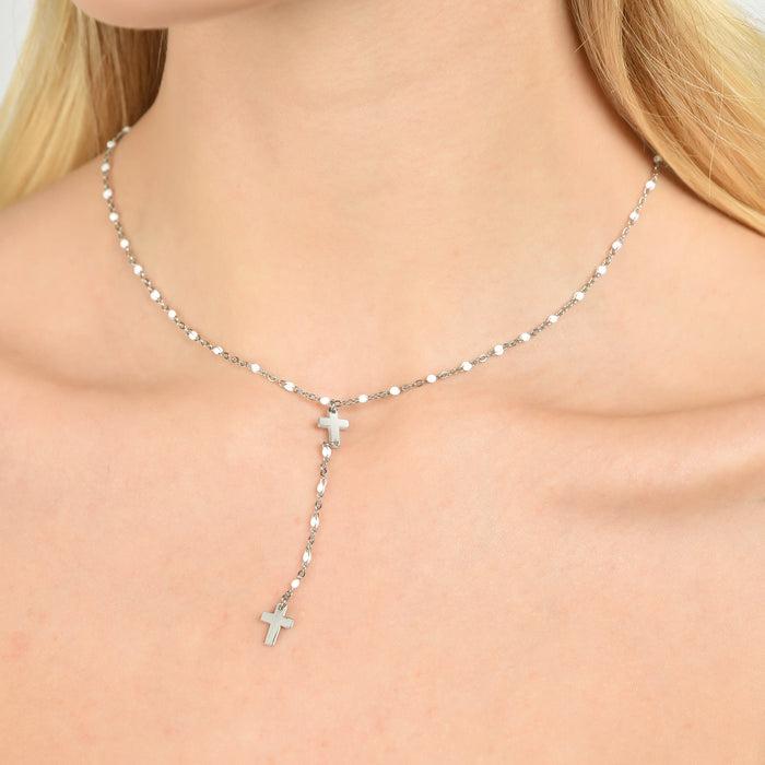 COLLANA ROSARIO DONNA IN ACCIAIO CON CROCI ED ELEMENTI BIANCHI