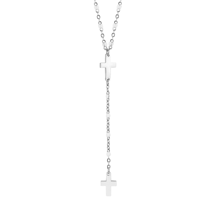 COLLANA ROSARIO DONNA IN ACCIAIO CON CROCI ED ELEMENTI BIANCHI