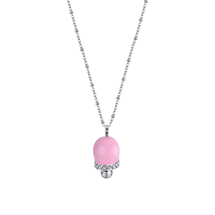 COLLANA DONNA IN ACCIAIO CON CAMPANELLA CON SMALTO ROSA E CRISTALLI BIANCHI