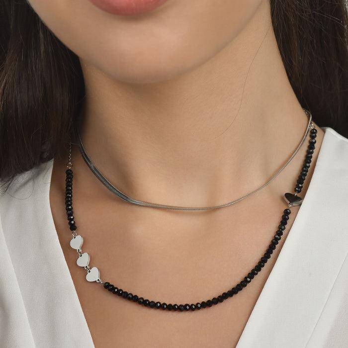 COLLANA DONNA MULTIFILO IN ACCIAIO CON CRISTALLI NERI E CUORI