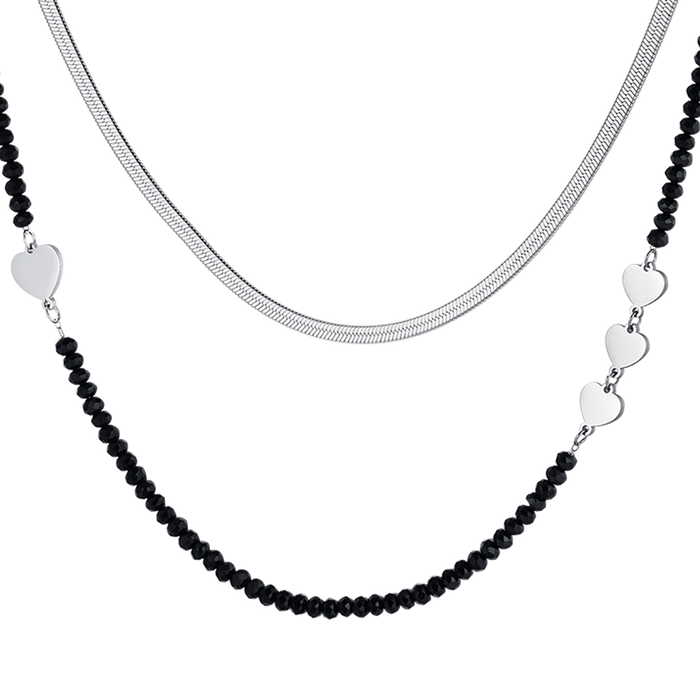 COLLANA DONNA MULTIFILO IN ACCIAIO CON CRISTALLI NERI E CUORI