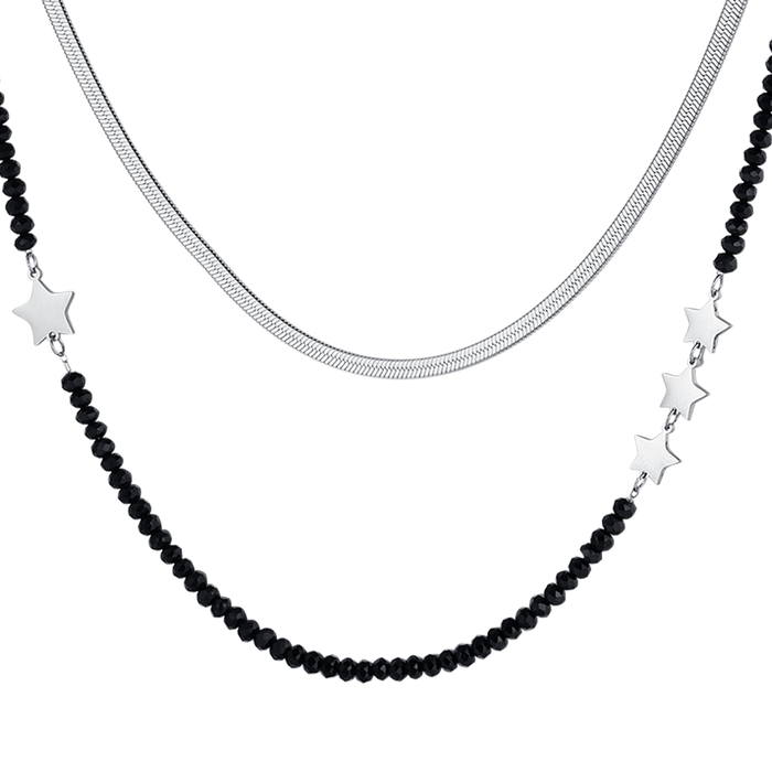 COLLANA DONNA MULTIFILO IN ACCIAIO CON CRISTALLI NERI E STELLE