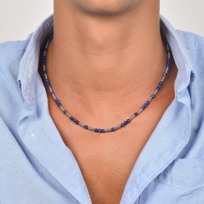 COLLANA UOMO IN ACCIAIO CON PIETRE BLU ED ELEMENTI IN ACCIAIO