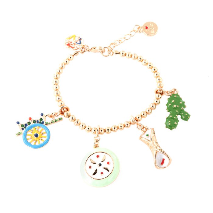 Bracciale in Metallo con charms siciliani, carretto, fico d'india, cassata e cannolo