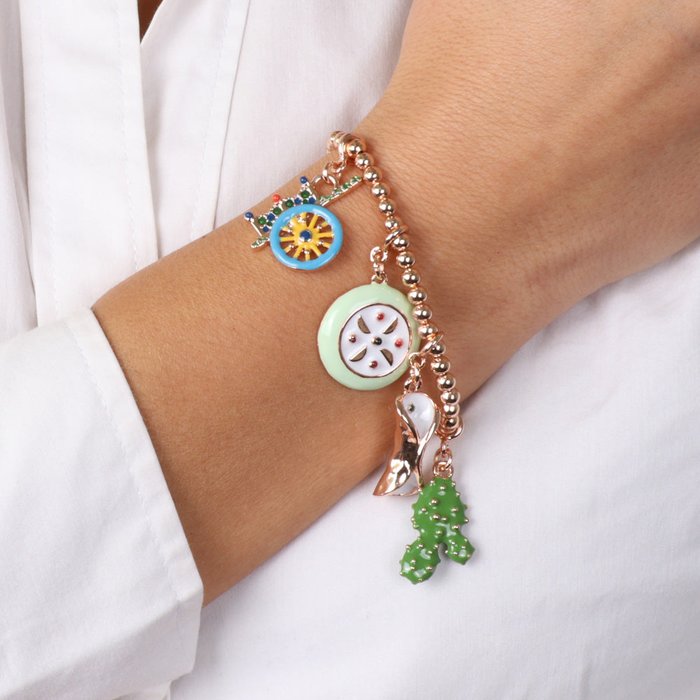 Bracciale in Metallo con charms siciliani, carretto, fico d'india, cassata e cannolo